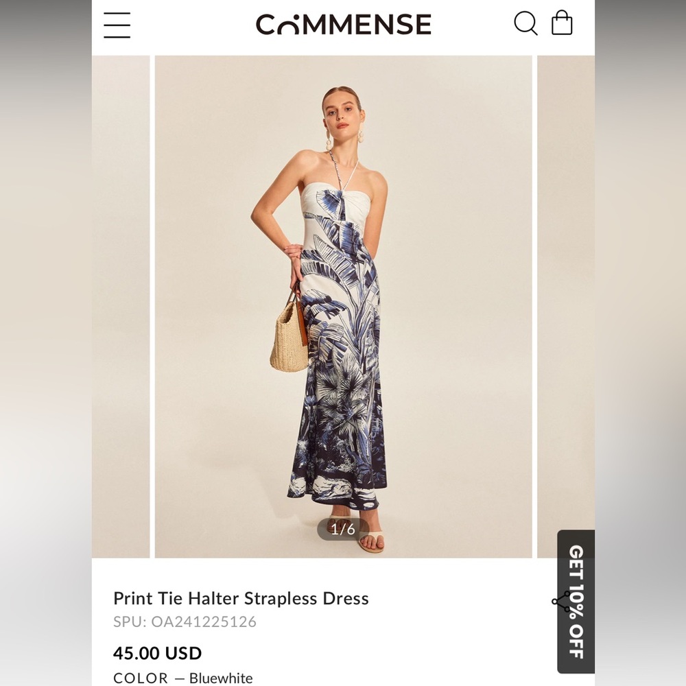 Commense Blue and White Strapless Halter Maxi Dress Tropical Print